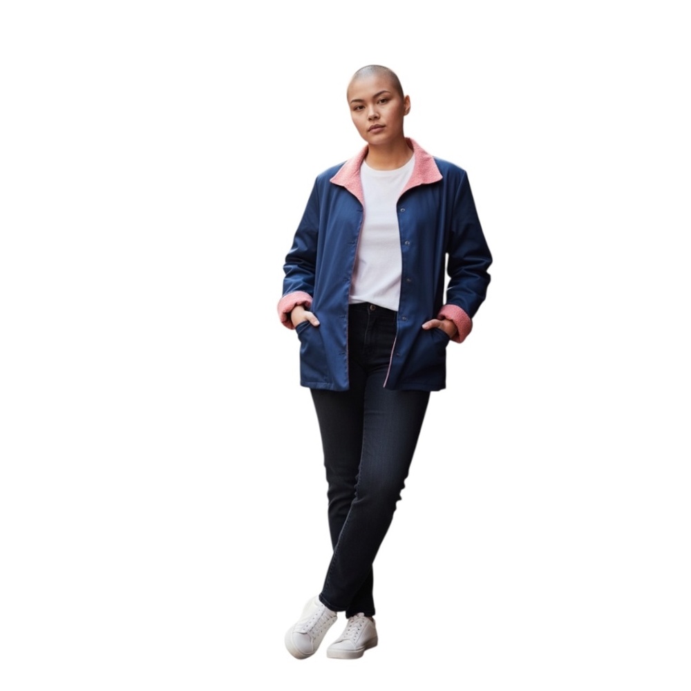 Bleyle Women's Vintage Blue Collared Chore Coat With Red Collar, Size 18